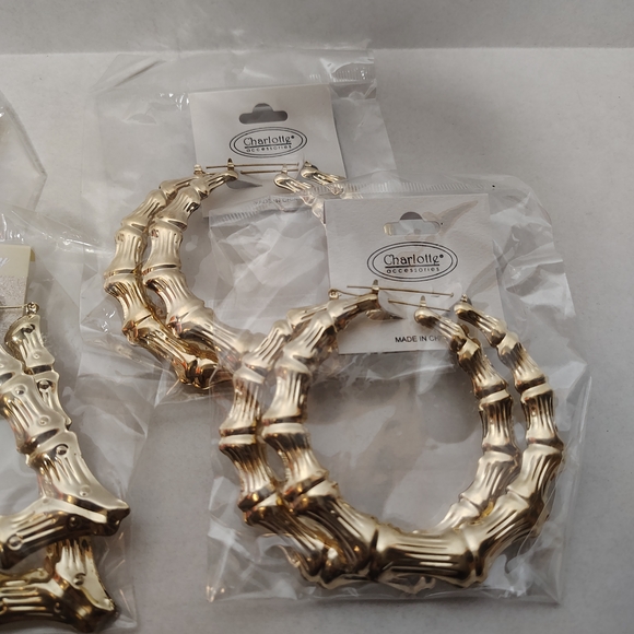 3' Wide Lot Of 5 Hoop Gold Hip Hop Bamboo Fashion Costume Earrings Statement - Picture 3 of 3
